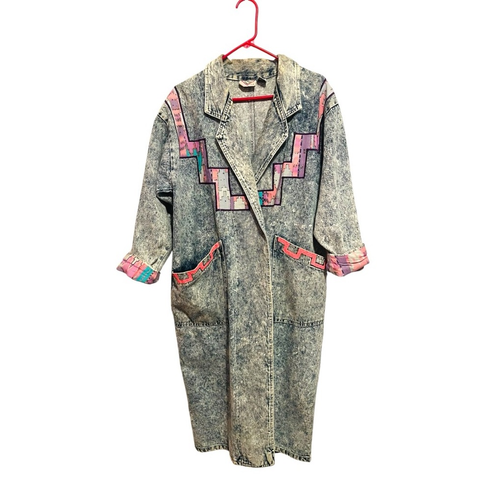 Vintage Denim Trench Coat with Pink Accents Duster Size Small